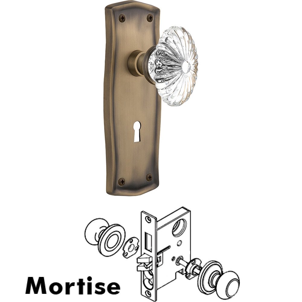 Mortise - Prairie Plate with Oval Fluted Crystal Knob with Keyhole in Antique Brass