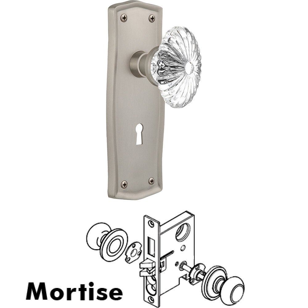 Mortise - Prairie Plate with Oval Fluted Crystal Knob with Keyhole in Satin Nickel