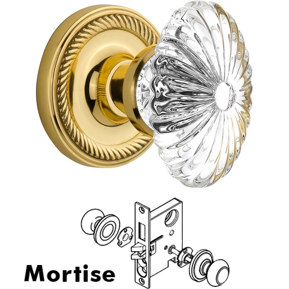 Mortise - Rope Rose with Oval Fluted Crystal Knob in Polished Brass