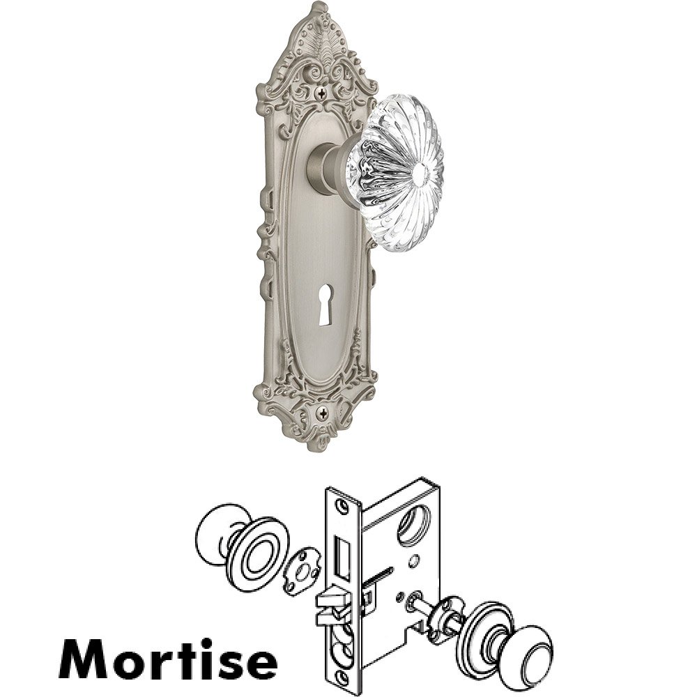 Mortise - Victorian Plate with Oval Fluted Crystal Knob with Keyhole in Satin Nickel