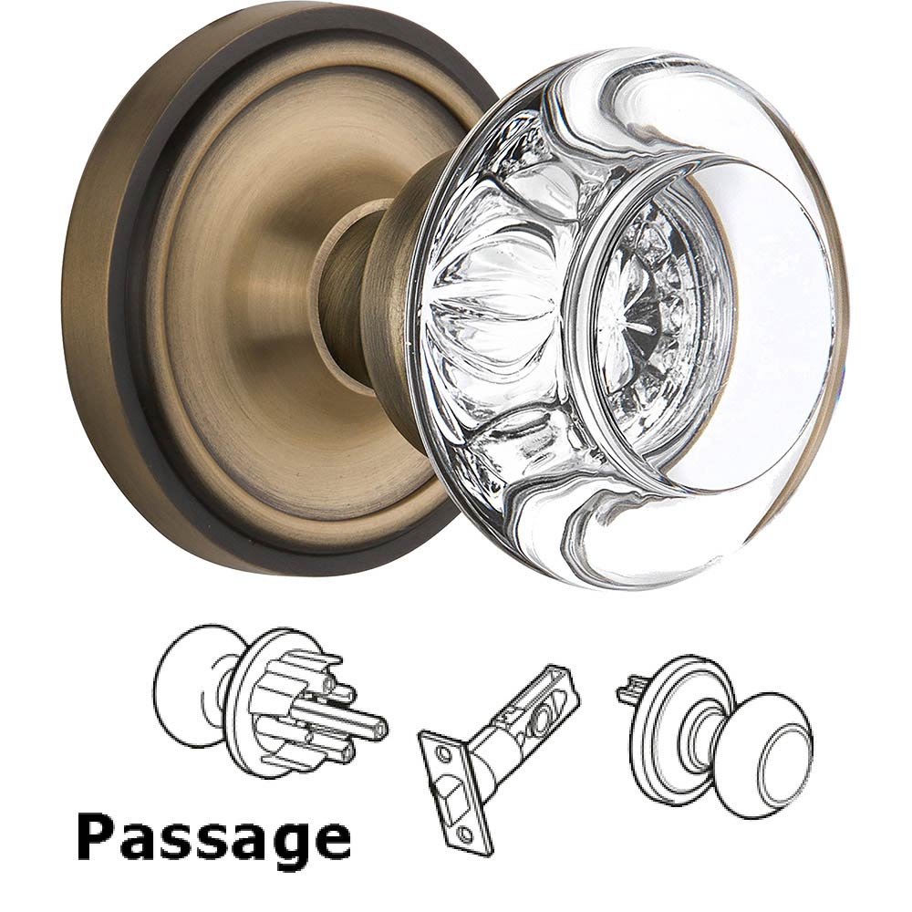 Passage Knob - Classic Rose with Round Clear Crystal Knob in Antique Brass
