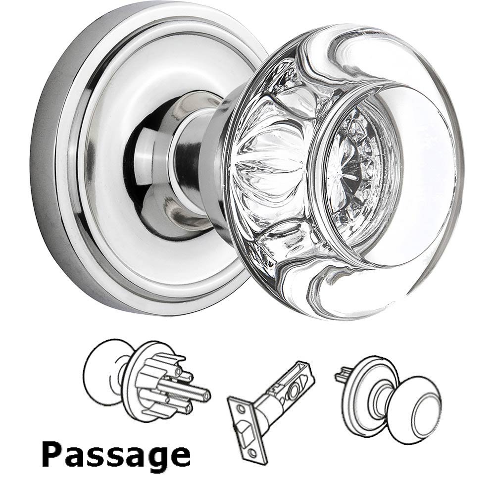 Passage Knob - Classic Rose with Round Clear Crystal Knob in Bright Chrome