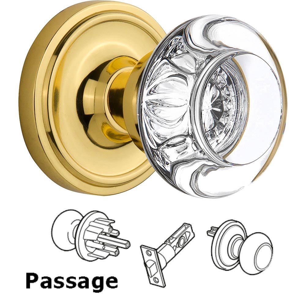 Passage Knob - Classic Rose with Round Clear Crystal Knob in Polished Brass