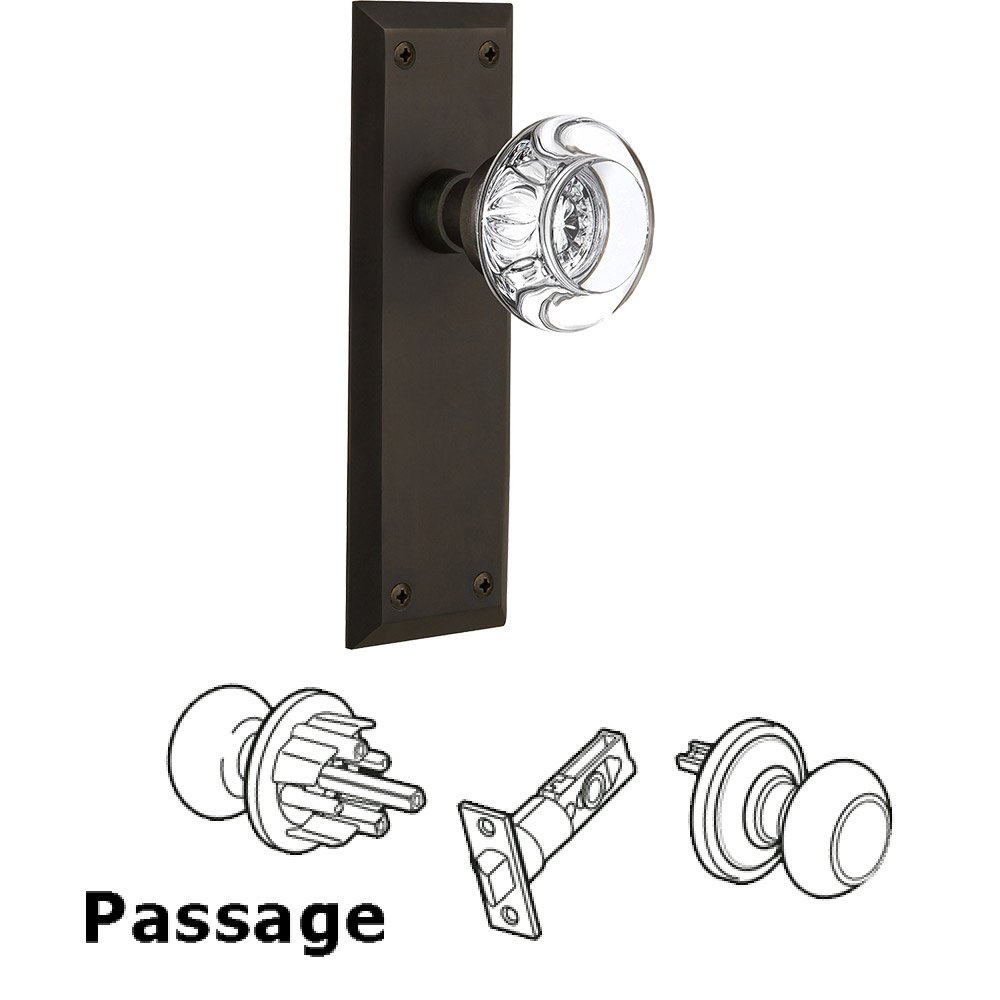 Passage New York Plate with Round Clear Crystal Glass Door Knob in Oil-Rubbed Bronze
