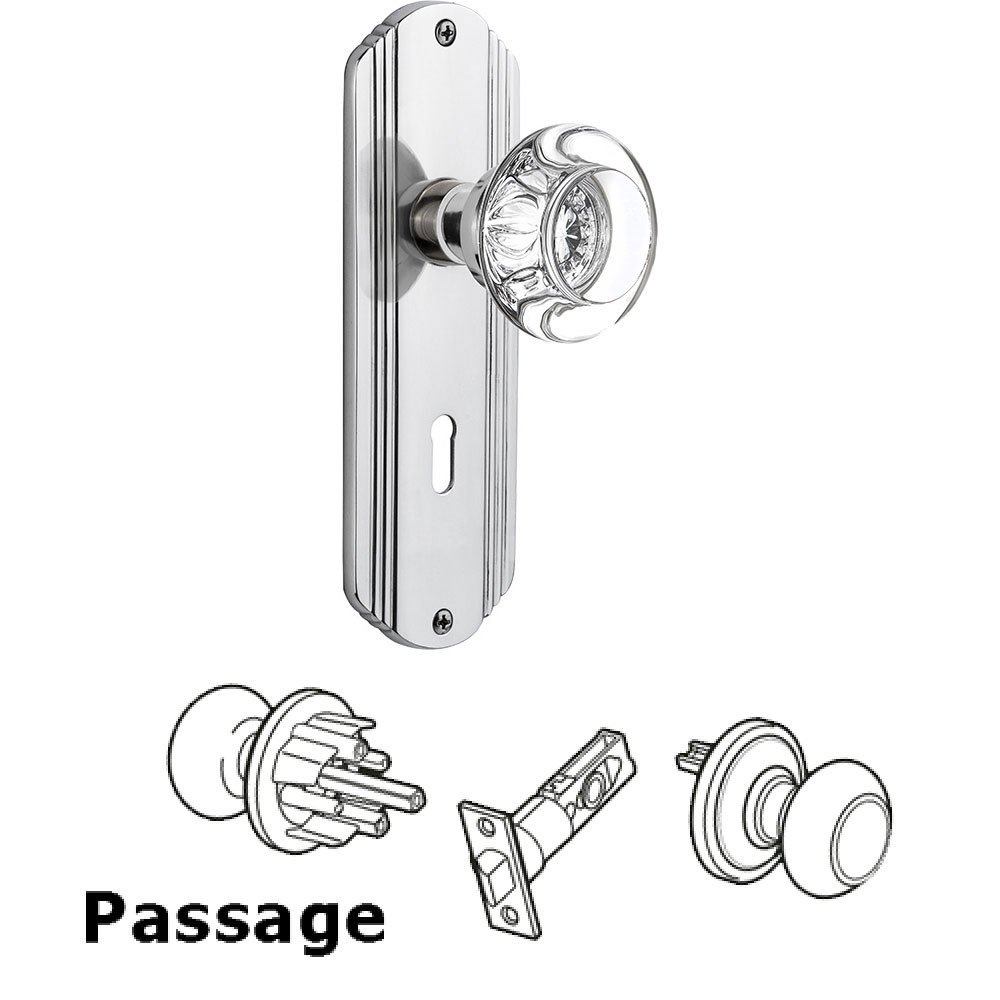 Passage Deco Plate with Keyhole and Round Clear Crystal Glass Door Knob in Bright Chrome