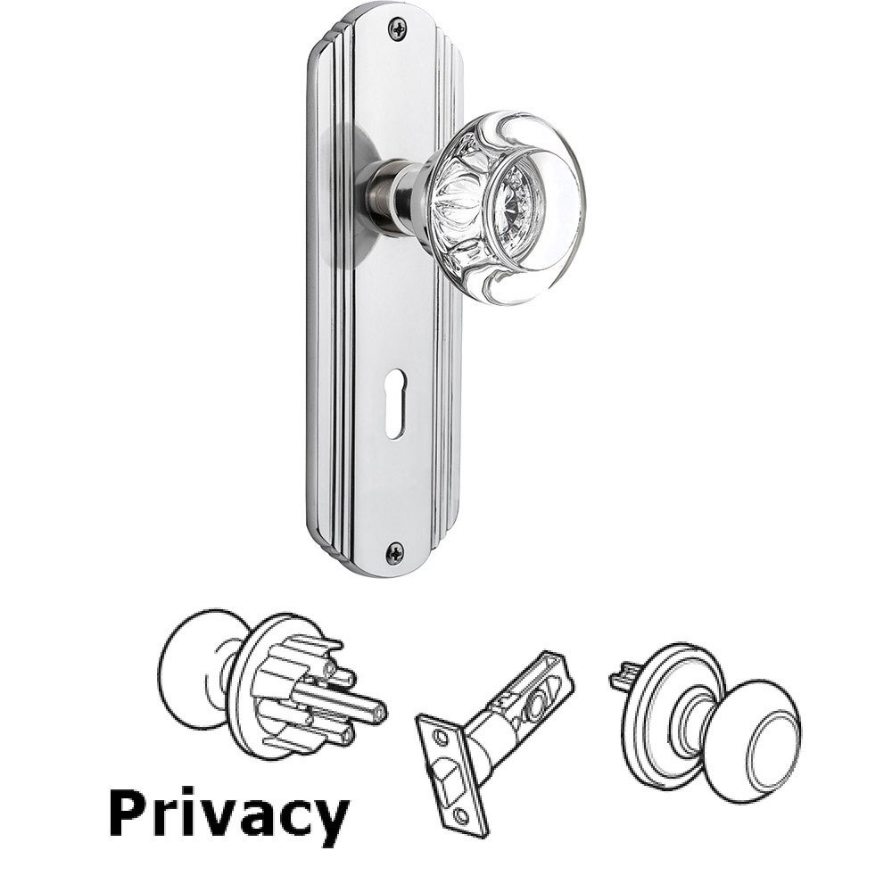 Privacy Knob - Deco Plate with Round Clear Crystal Knob with Keyhole in Bright Chrome