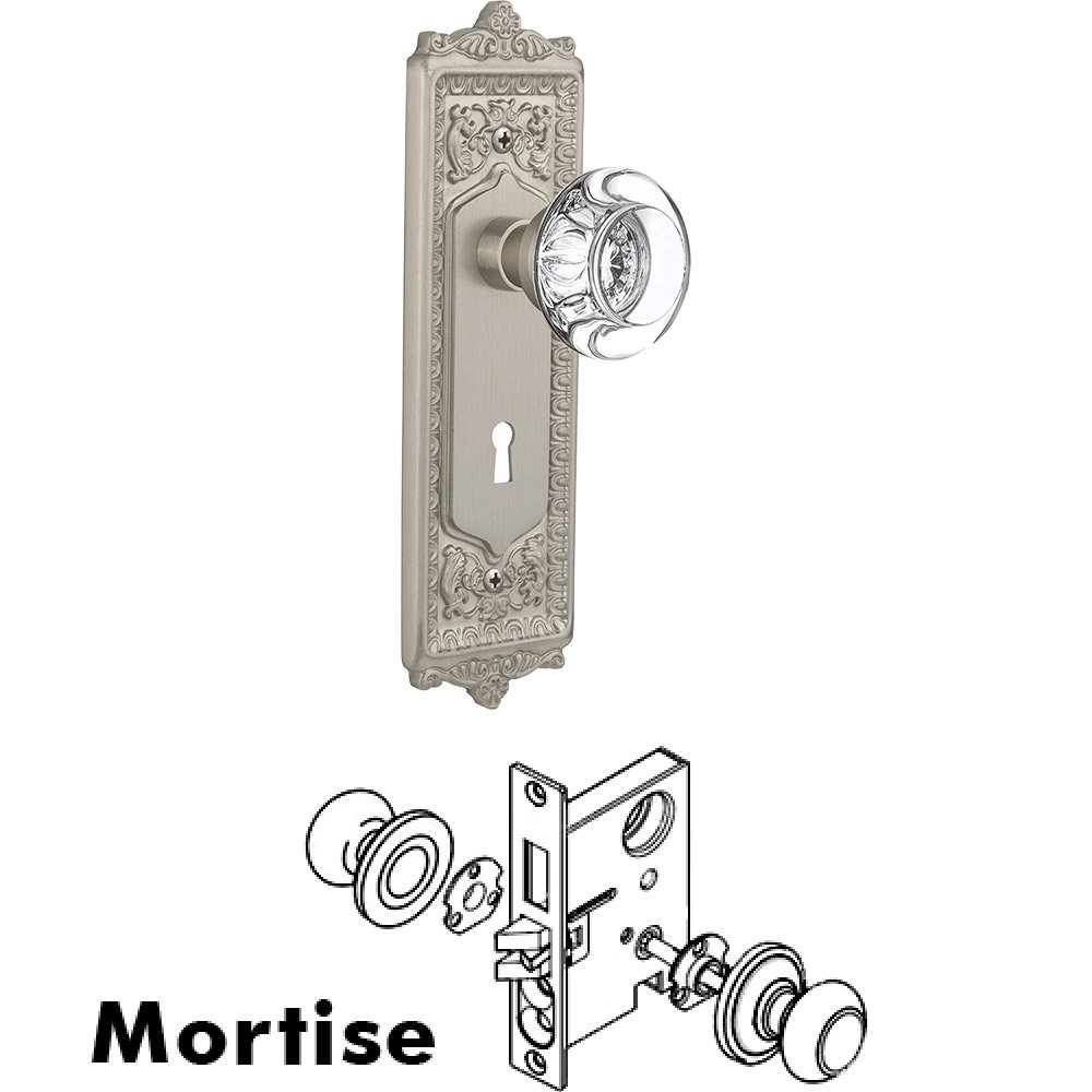 Mortise - Egg and Dart Plate with Round Clear Crystal Knob with Keyhole in Satin Nickel