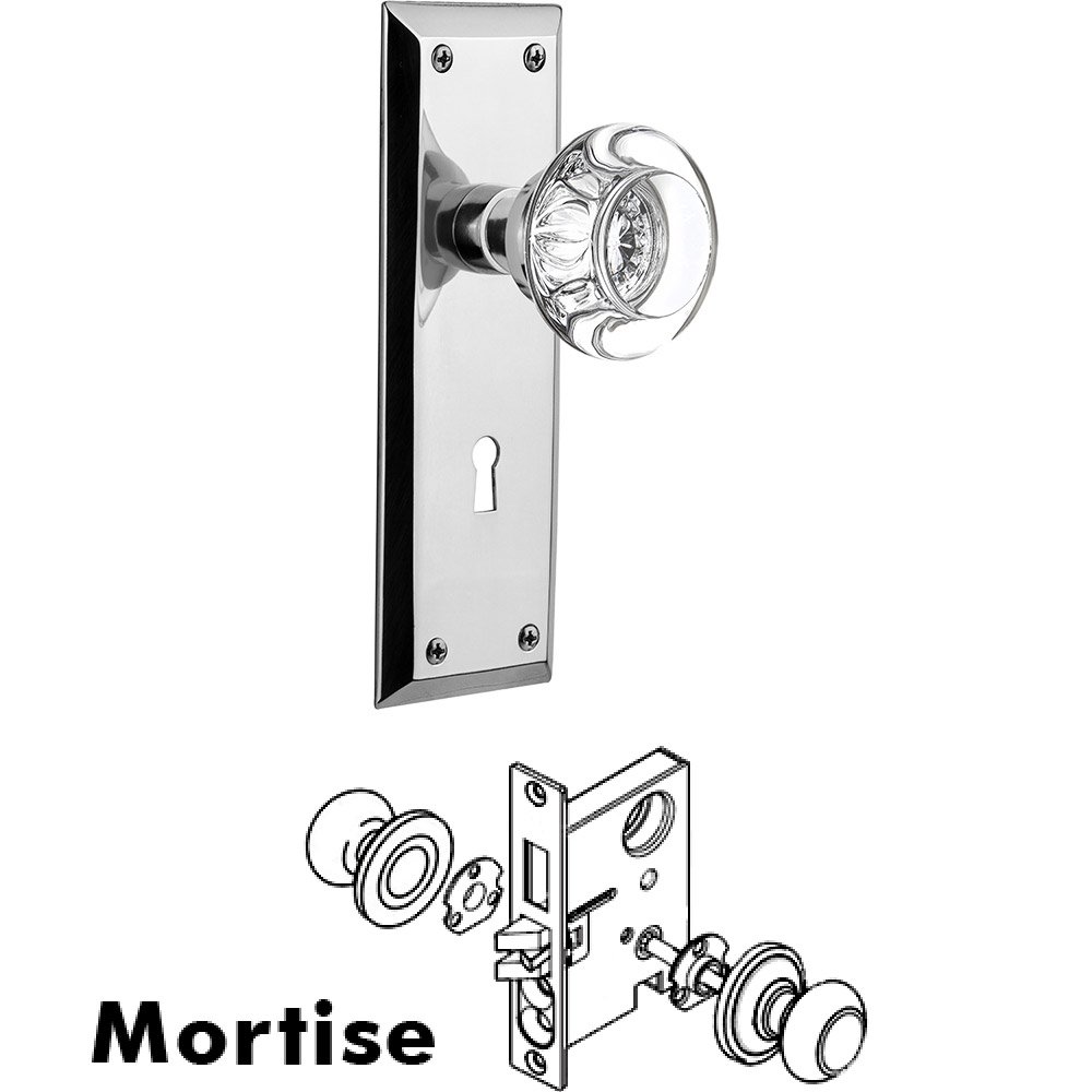 Mortise - New York Plate with Round Clear Crystal Knob with Keyhole in Bright Chrome