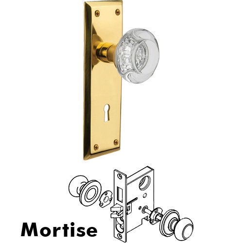 Mortise - New York Plate with Round Clear Crystal Knob with Keyhole in Polished Brass