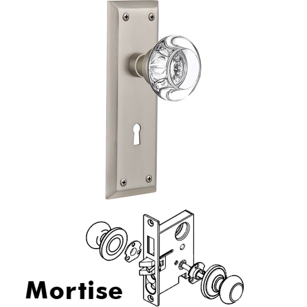 Mortise - New York Plate with Round Clear Crystal Knob with Keyhole in Satin Nickel
