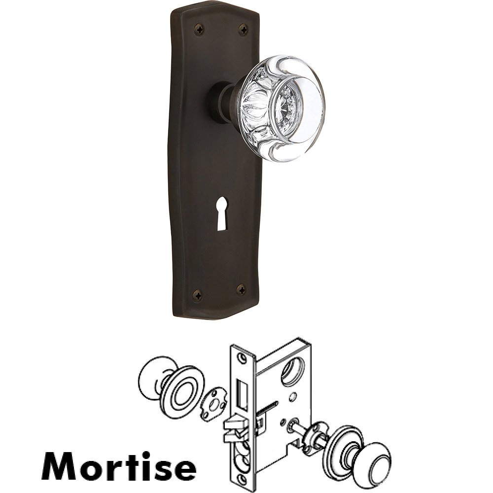 Mortise - Prairie Plate with Round Clear Crystal Knob with Keyhole in Oil Rubbed Bronze