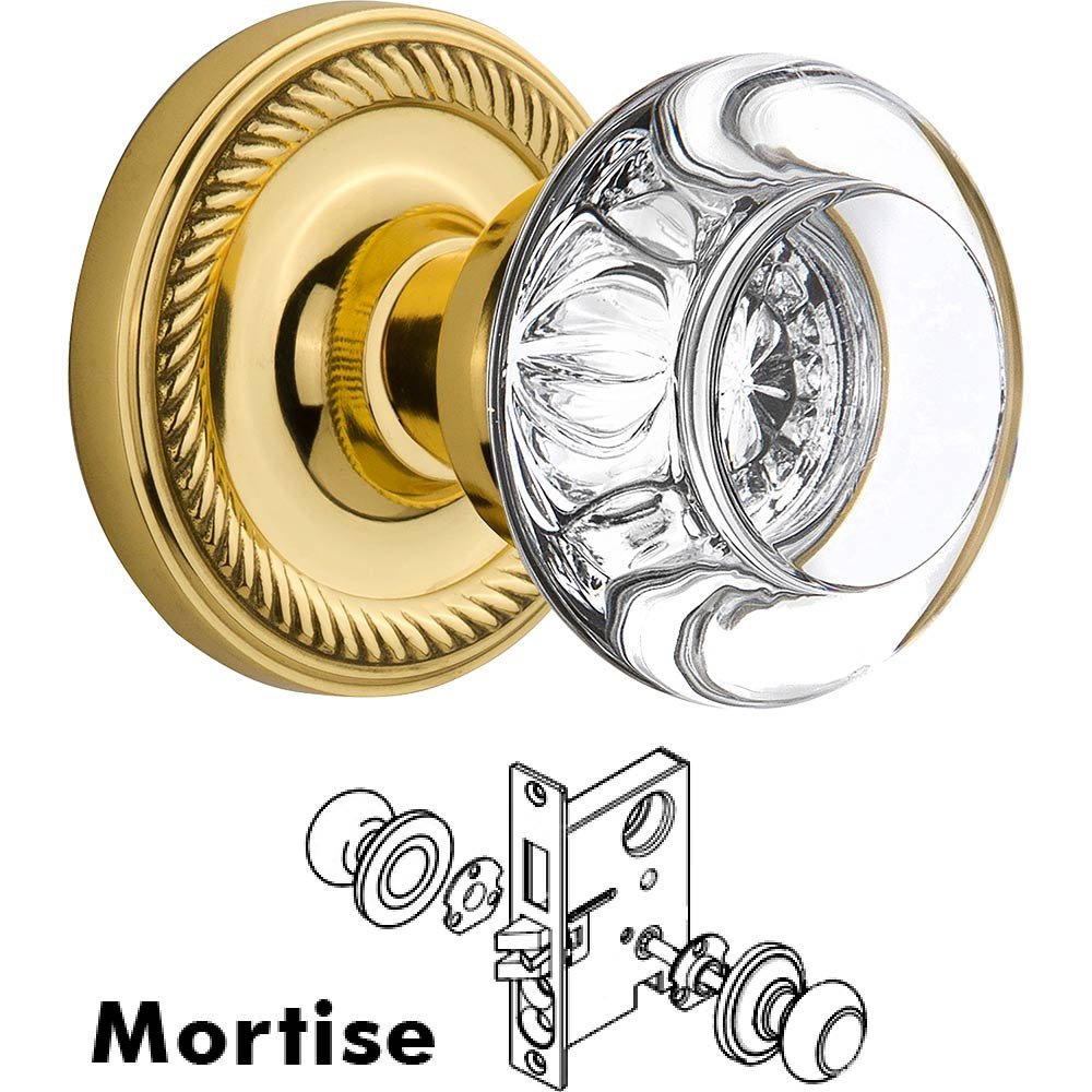 Mortise - Rope Rose with Round Clear Crystal Knob in Polished Brass
