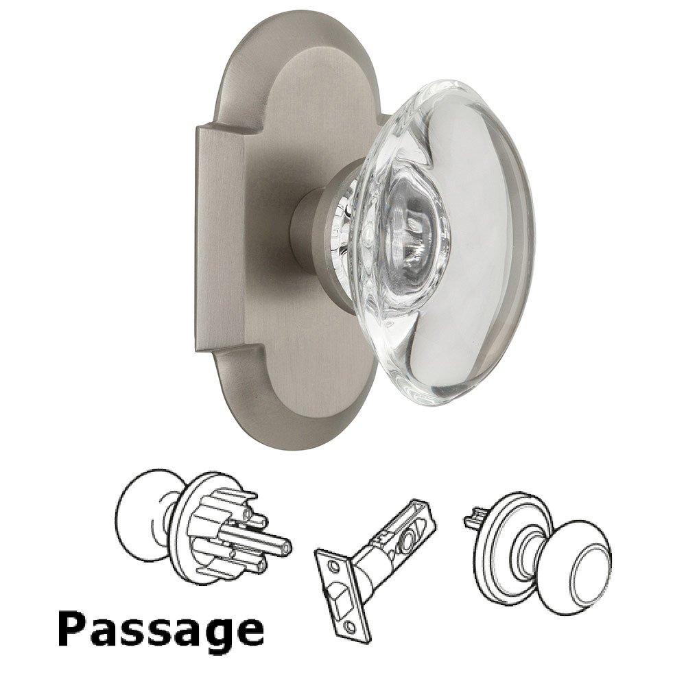 Passage Cottage Plate with Oval Clear Crystal Knob in Satin Nickel