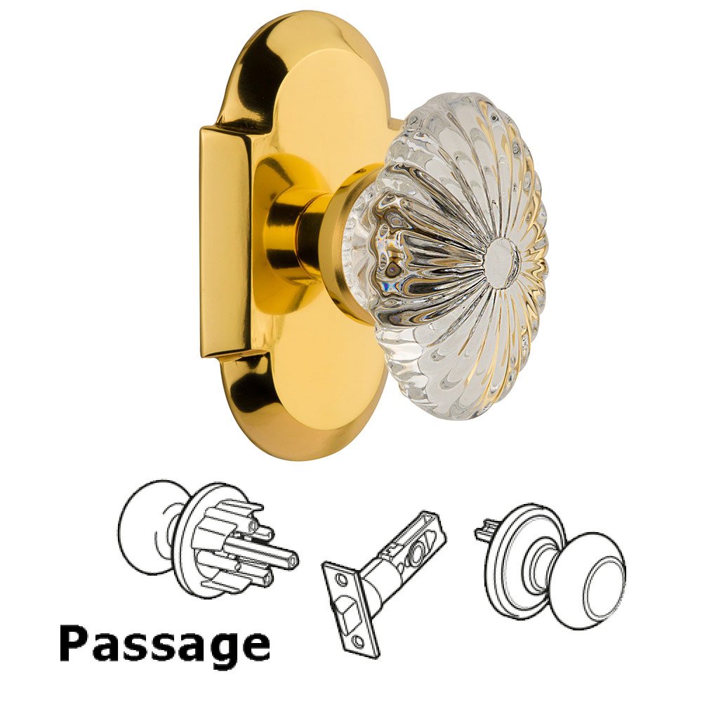 Passage Cottage Plate with Oval Fluted Crystal Knob in Polished Brass