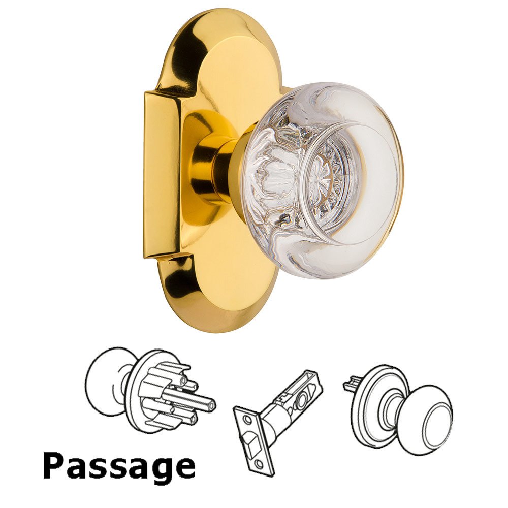 Passage Cottage Plate with Round Clear Crystal Knob in Polished Brass