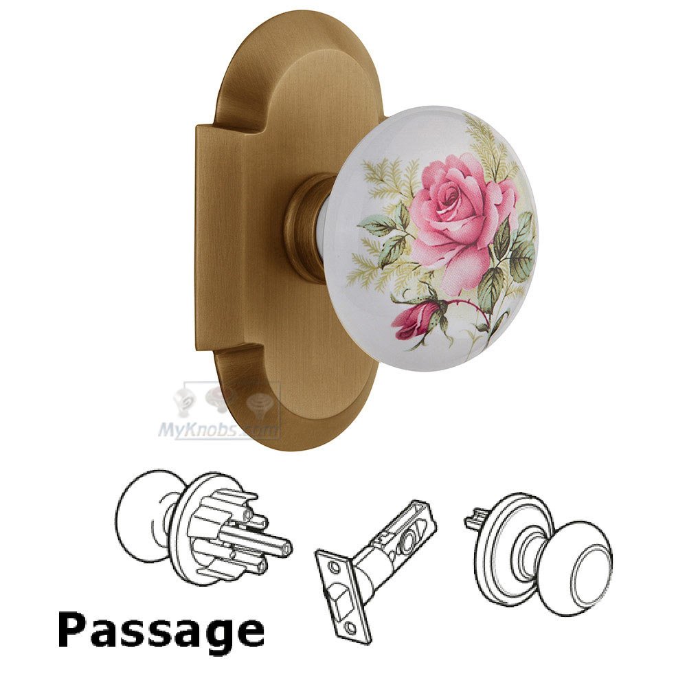 Passage Cottage Plate with White Rose Porcelain Knob in Antique Brass