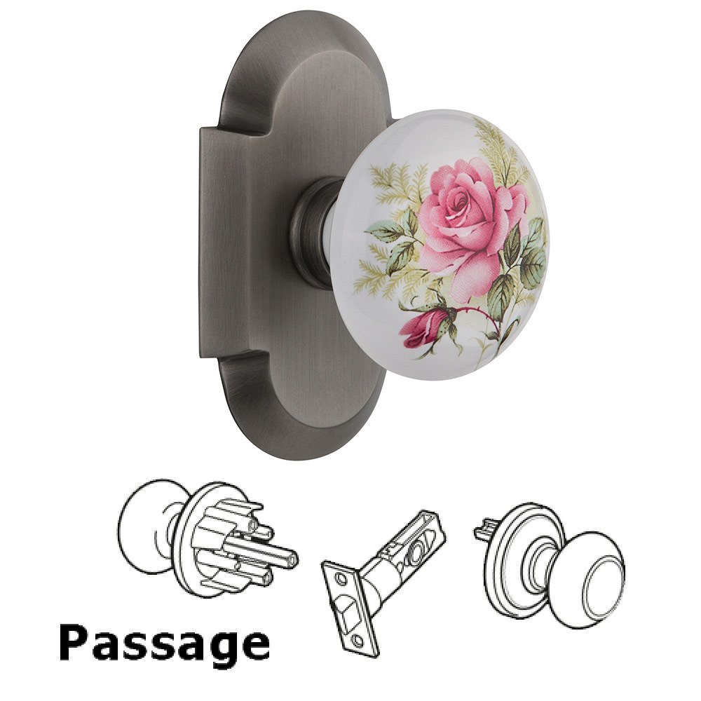 Passage Cottage Plate with White Rose Porcelain Knob in Antique Pewter