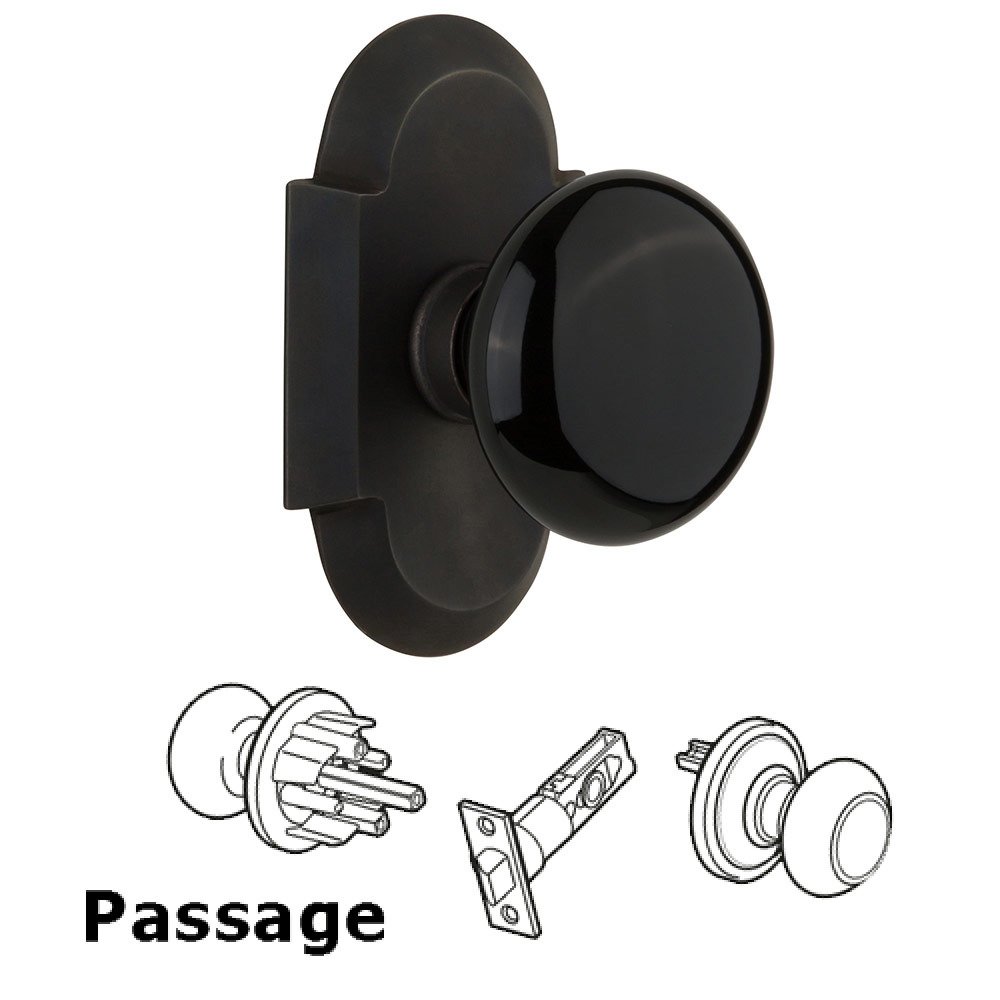 Passage Cottage Plate with Black Porcelain Knob in Oil Rubbed Bronze