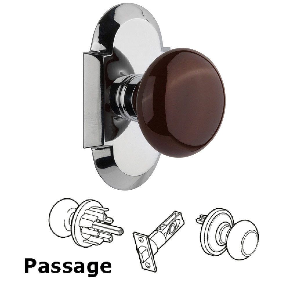 Passage Cottage Plate with Brown Porcelain Knob in Bright Chrome