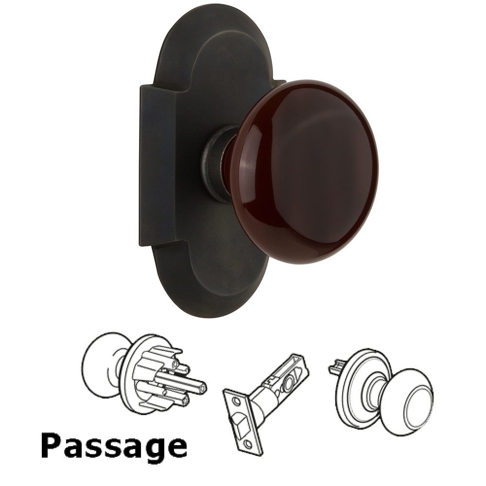 Passage Cottage Plate with Brown Porcelain Knob in Oil Rubbed Bronze