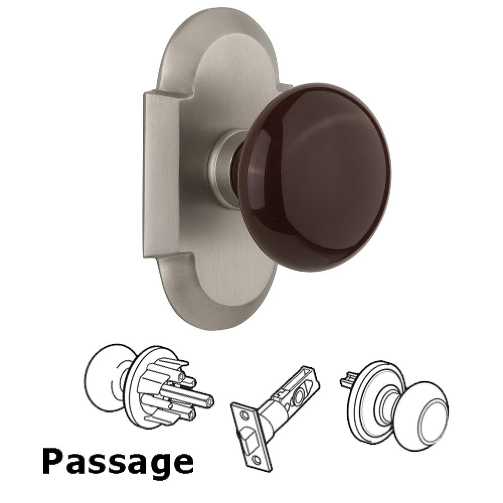 Passage Cottage Plate with Brown Porcelain Knob in Satin Nickel
