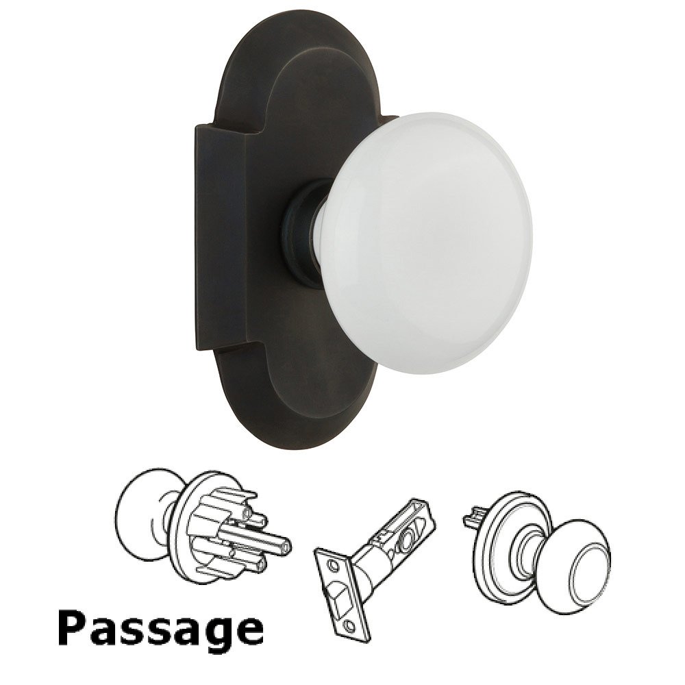 Passage Cottage Plate with White Porcelain Knob in Oil Rubbed Bronze