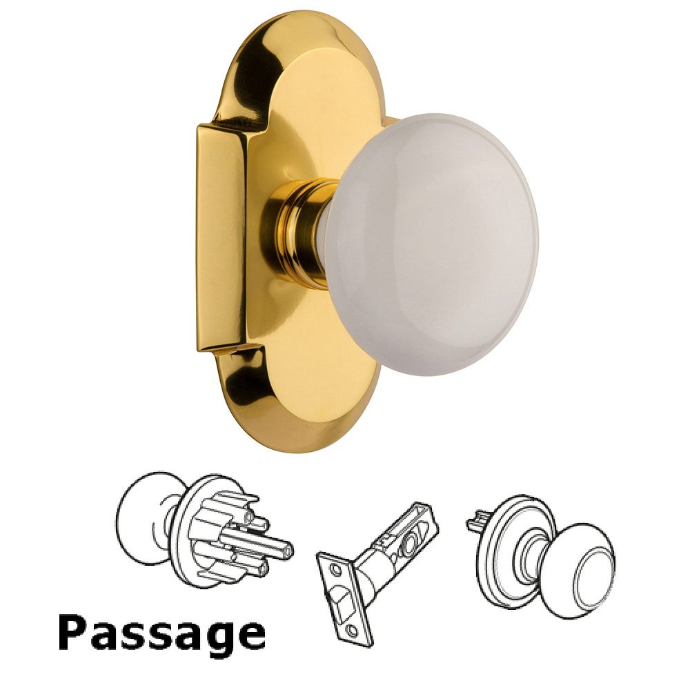 Passage Cottage Plate with White Porcelain Knob in Polished Brass