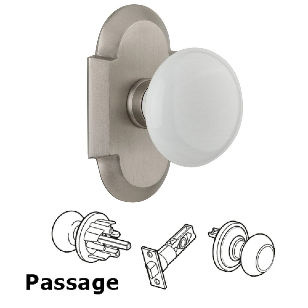 Passage Cottage Plate with White Porcelain Knob in Satin Nickel