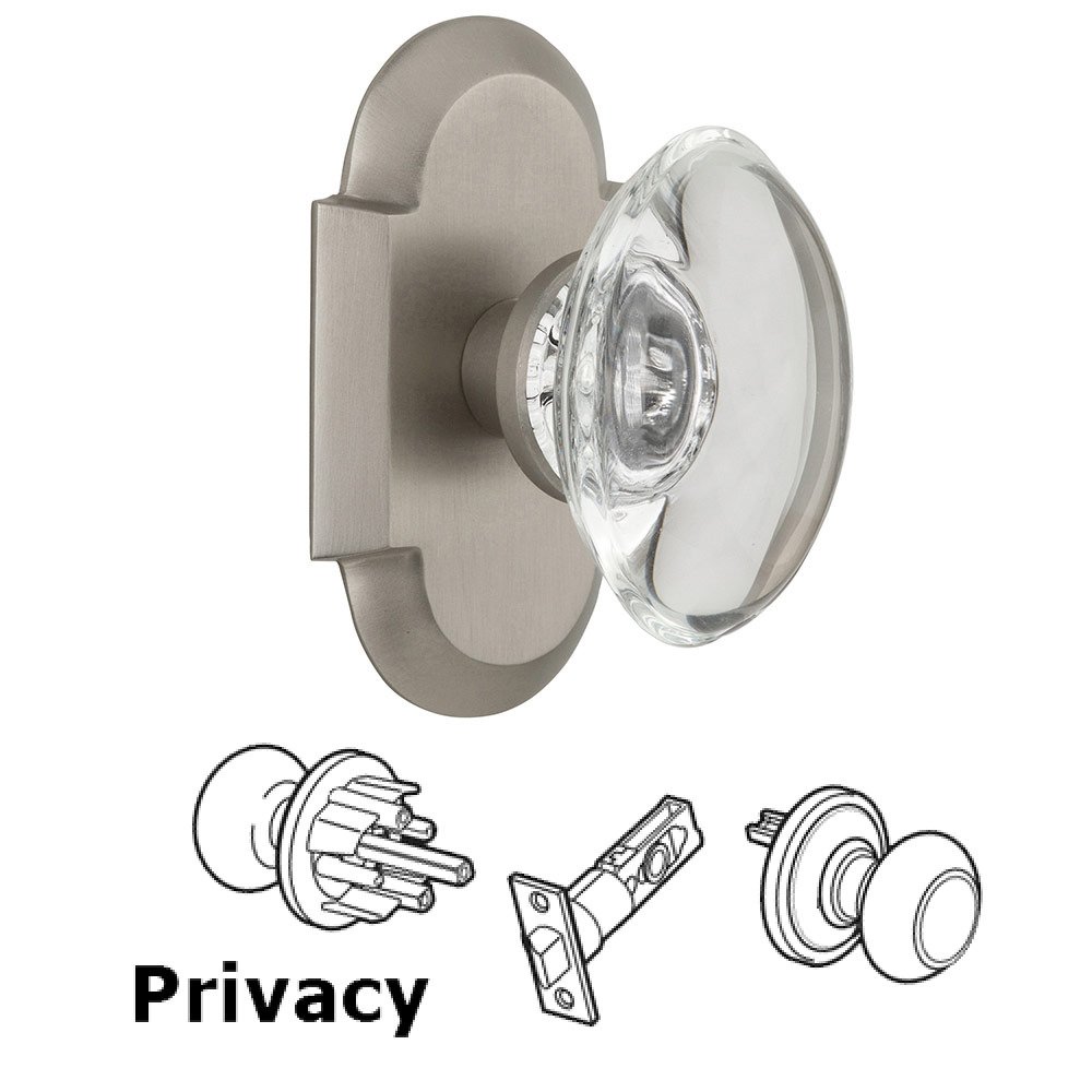 Privacy Cottage Plate with Oval Clear Crystal Knob in Satin Nickel