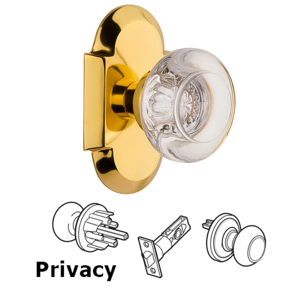 Privacy Cottage Plate with Round Clear Crystal Knob in Polished Brass