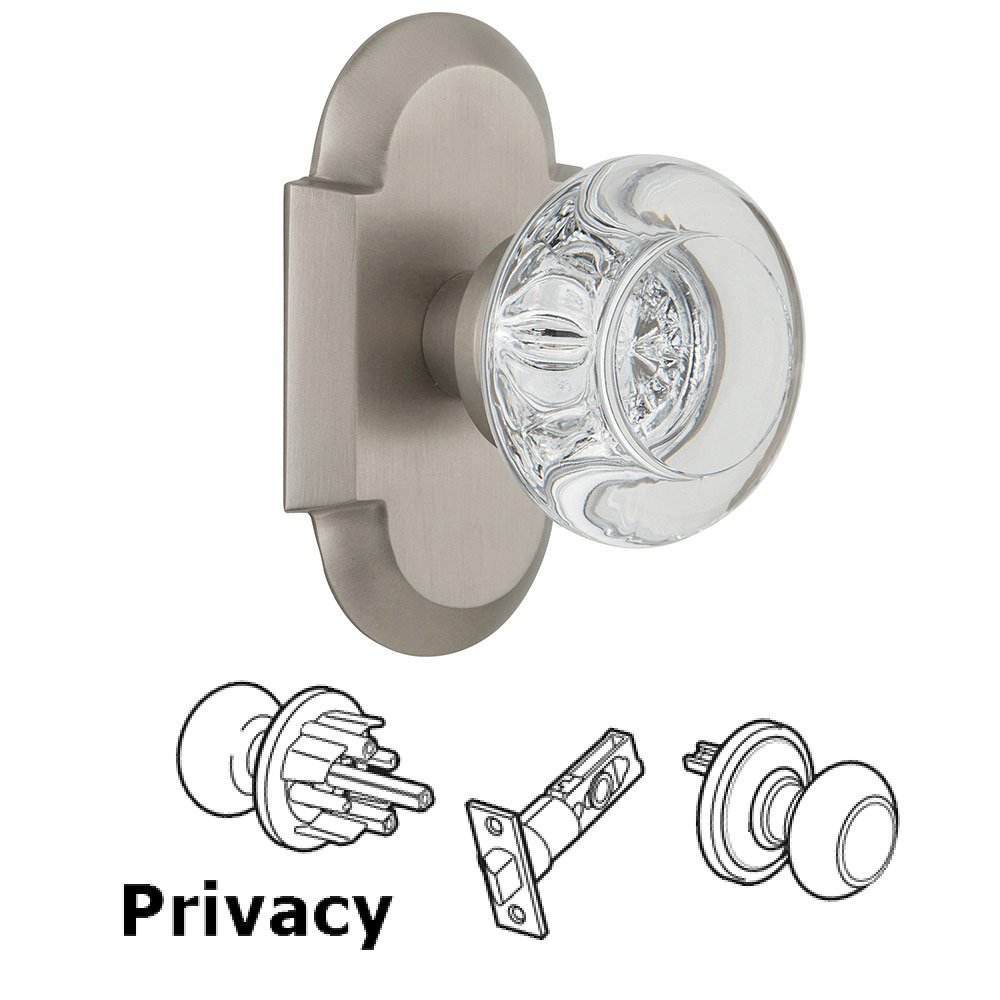 Privacy Cottage Plate with Round Clear Crystal Knob in Satin Nickel