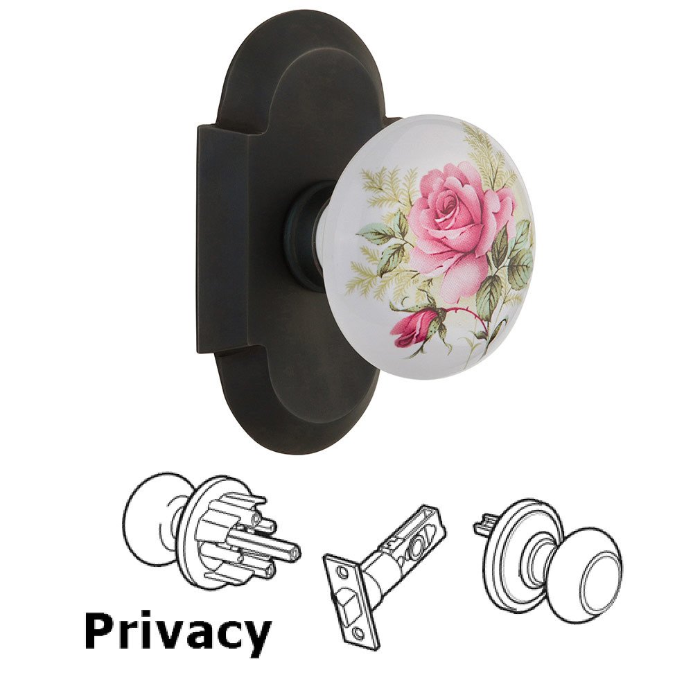 Privacy Cottage Plate with White Rose Porcelain Knob in Oil Rubbed Bronze