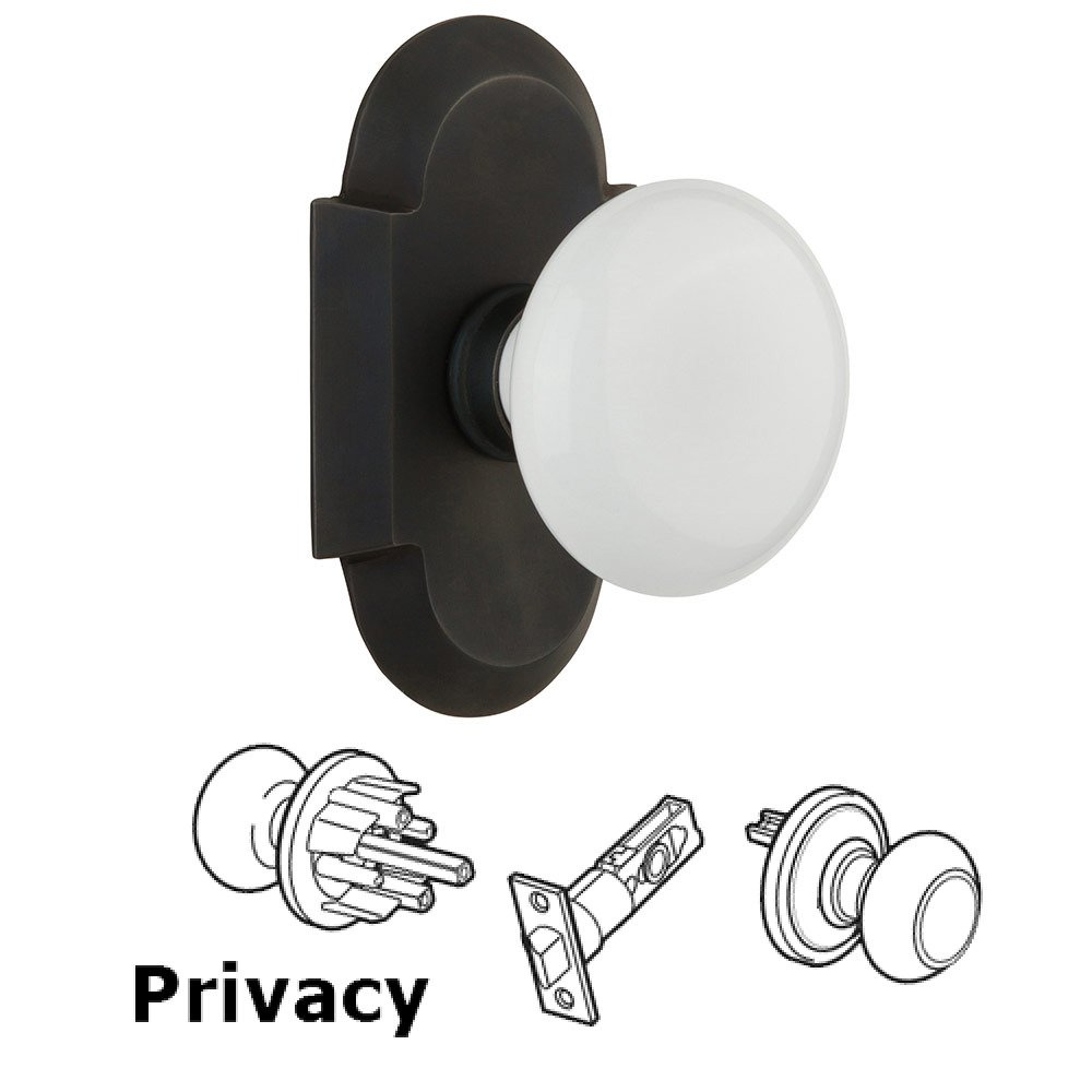Privacy Cottage Plate with White Porcelain Knob in Oil Rubbed Bronze