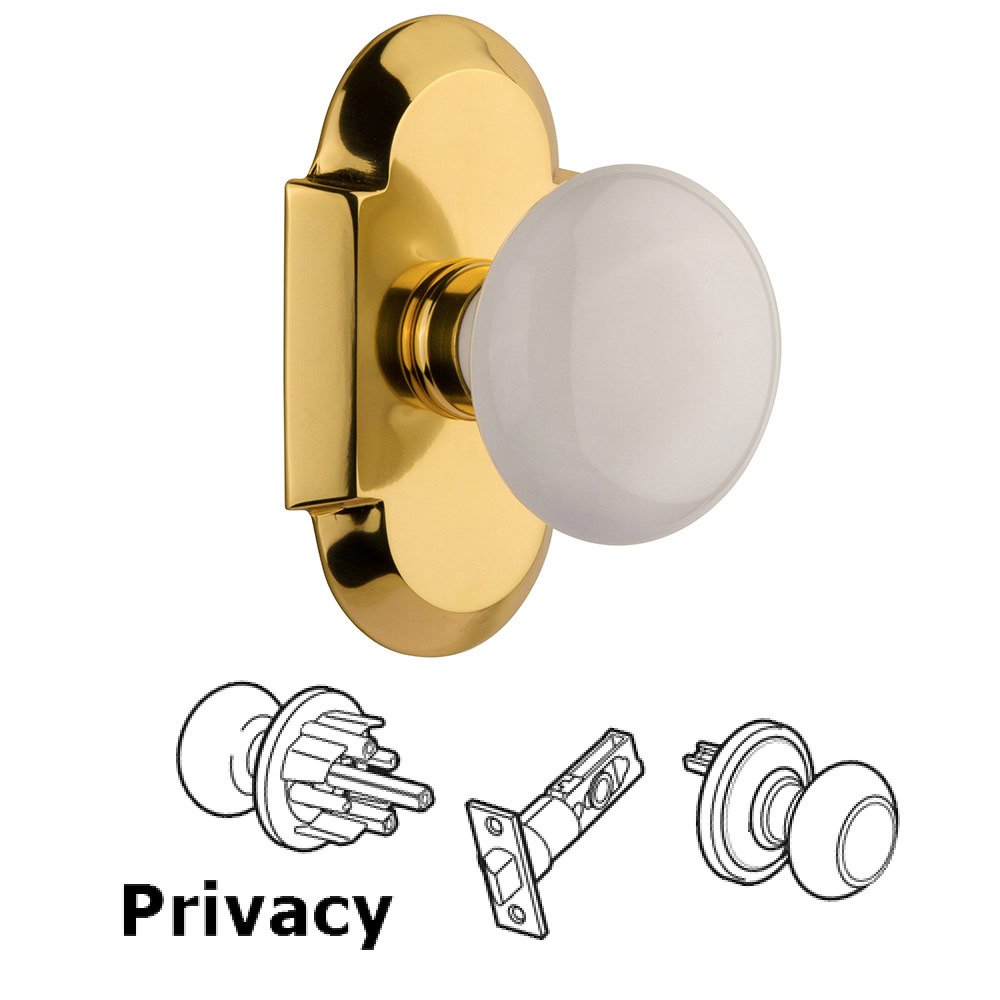 Privacy Cottage Plate with White Porcelain Knob in Polished Brass