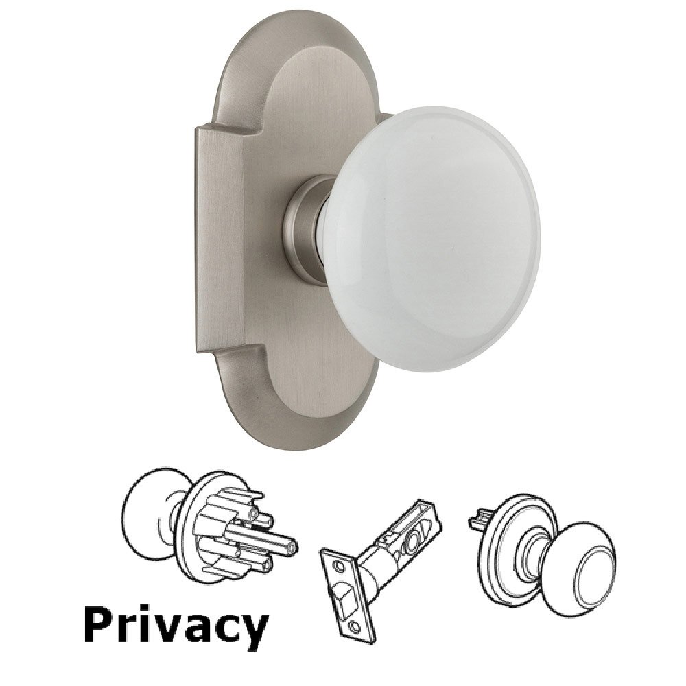 Privacy Cottage Plate with White Porcelain Knob in Satin Nickel