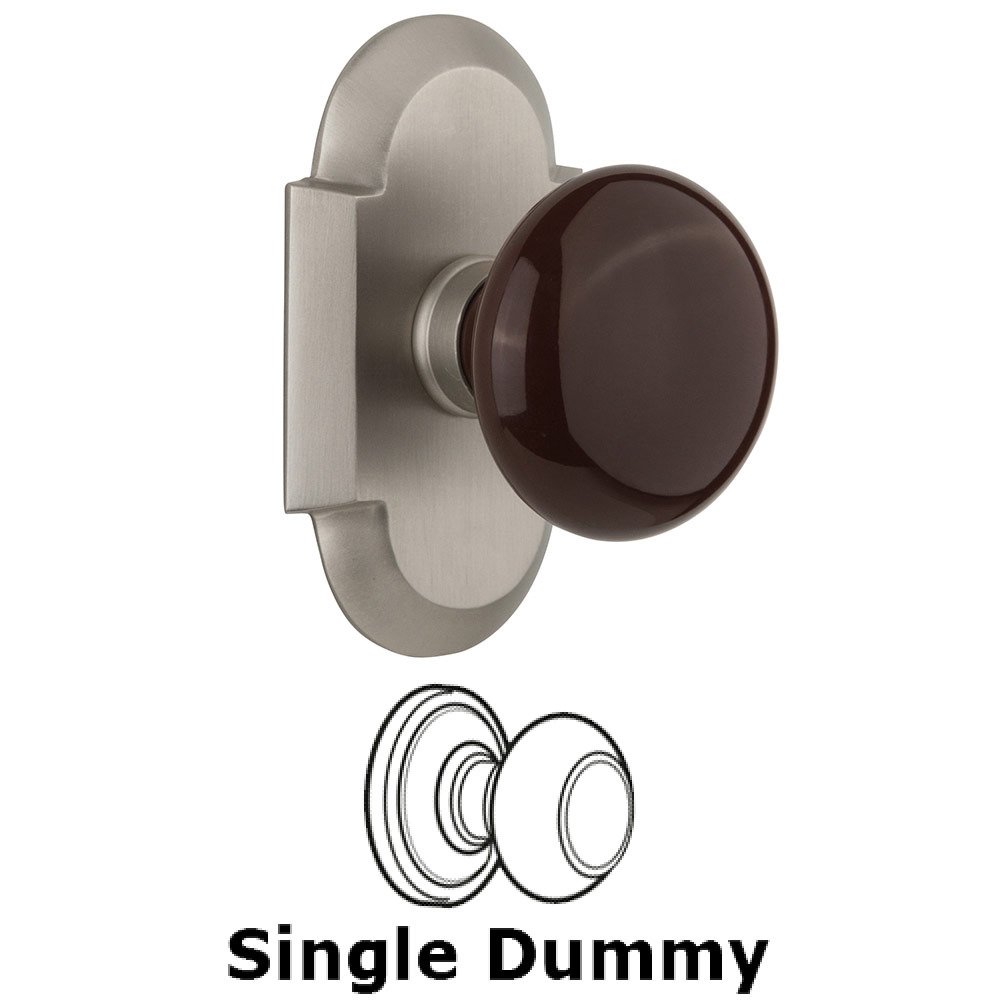 Single Dummy Cottage Plate with Brown Porcelain Knob in Satin Nickel