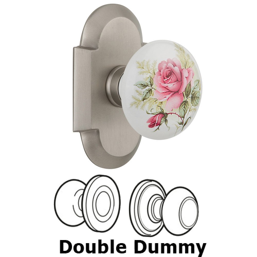 Double Dummy Cottage Plate with White Rose Porcelain Knob in Satin Nickel