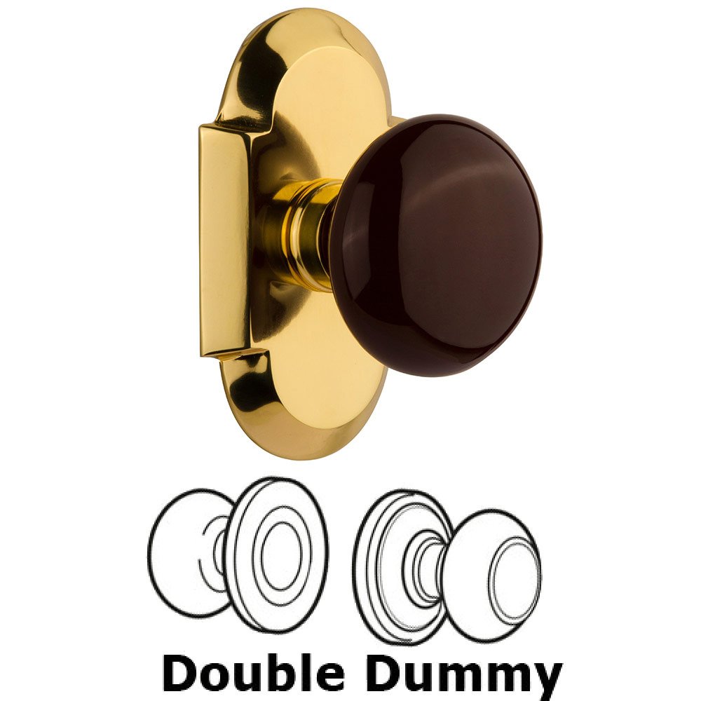 Double Dummy Cottage Plate with Brown Porcelain Knob in Polished Brass