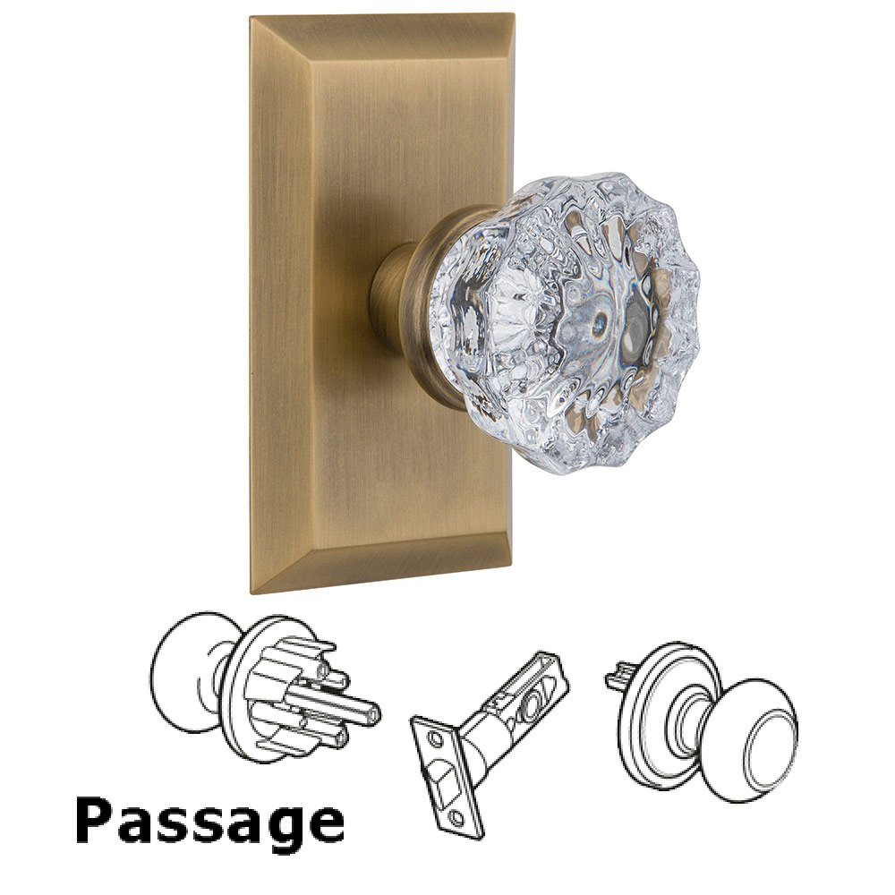 Passage Studio Plate with Crystal Knob in Antique Brass