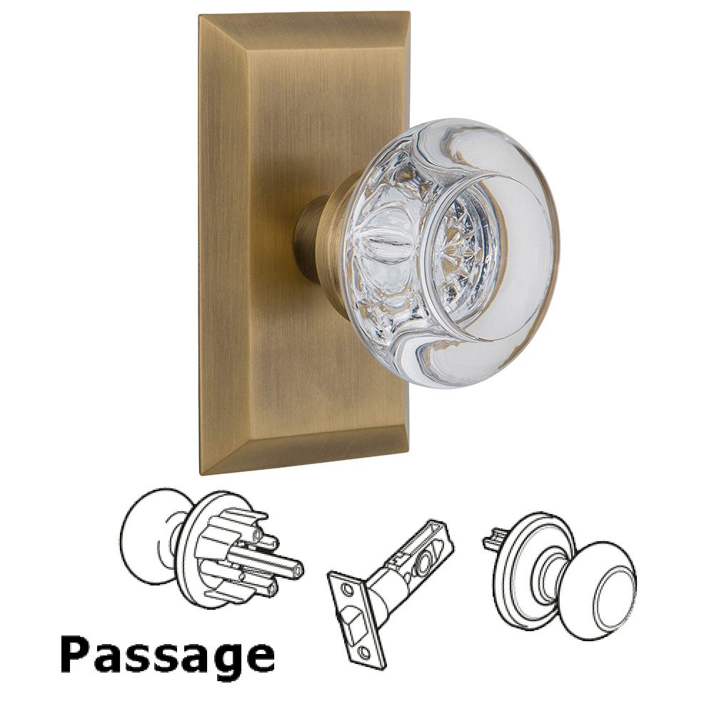 Passage Studio Plate with Round Clear Crystal Knob in Antique Brass