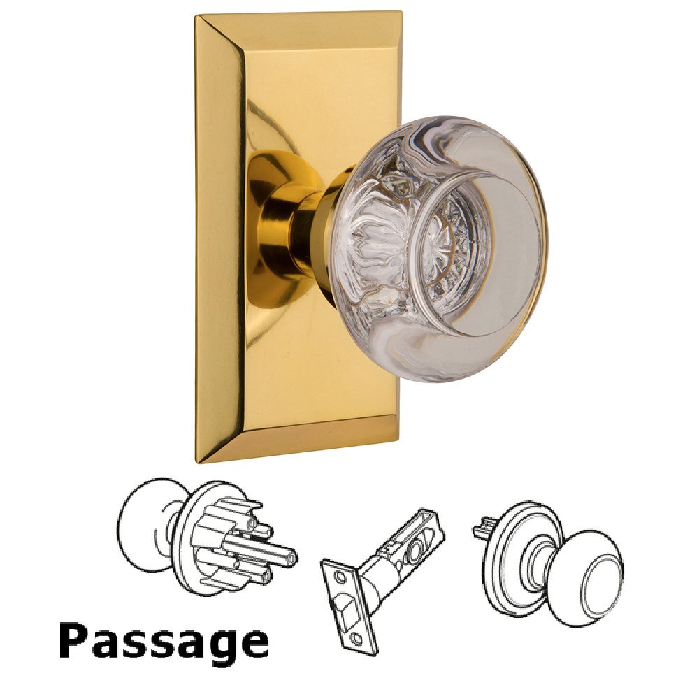 Passage Studio Plate with Round Clear Crystal Knob in Polished Brass
