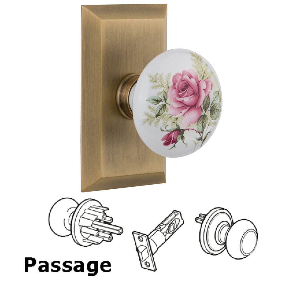 Passage Studio Plate with White Rose Porcelain Knob in Antique Brass