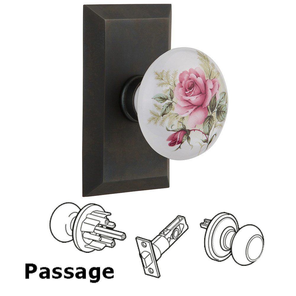Passage Studio Plate with White Rose Porcelain Knob in Oil Rubbed Bronze