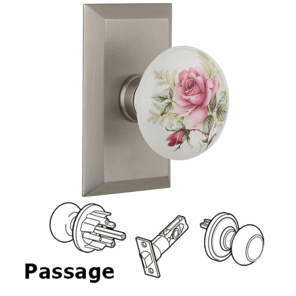 Passage Studio Plate with White Rose Porcelain Knob in Satin Nickel