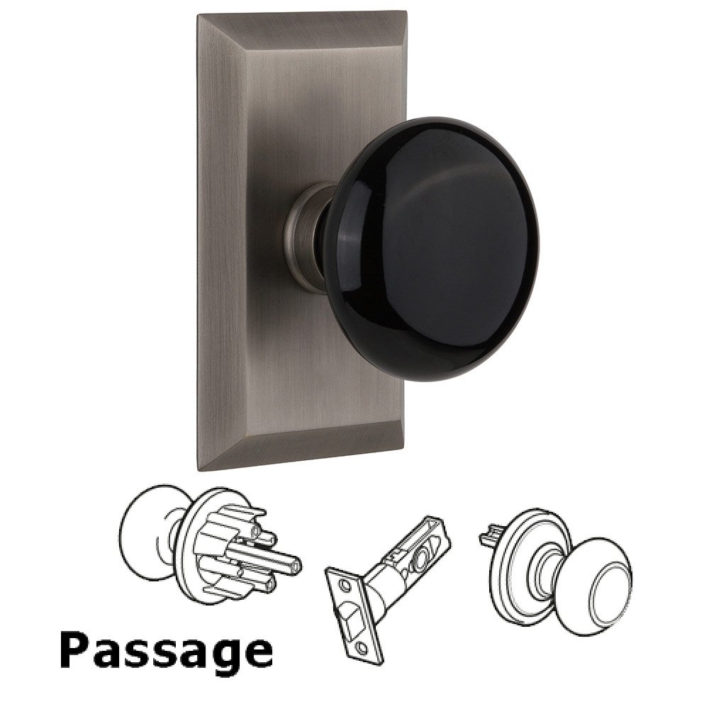 Passage Studio Plate with Black Porcelain Knob in Antique Pewter