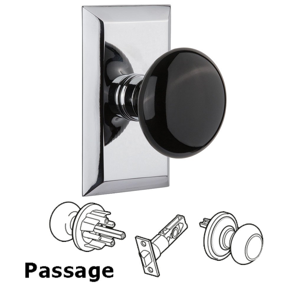 Passage Studio Plate with Black Porcelain Knob in Bright Chrome