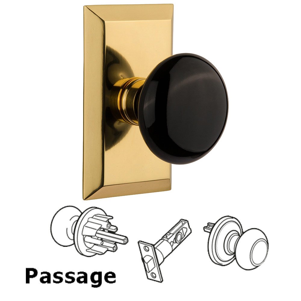 Passage Studio Plate with Black Porcelain Knob in Polished Brass