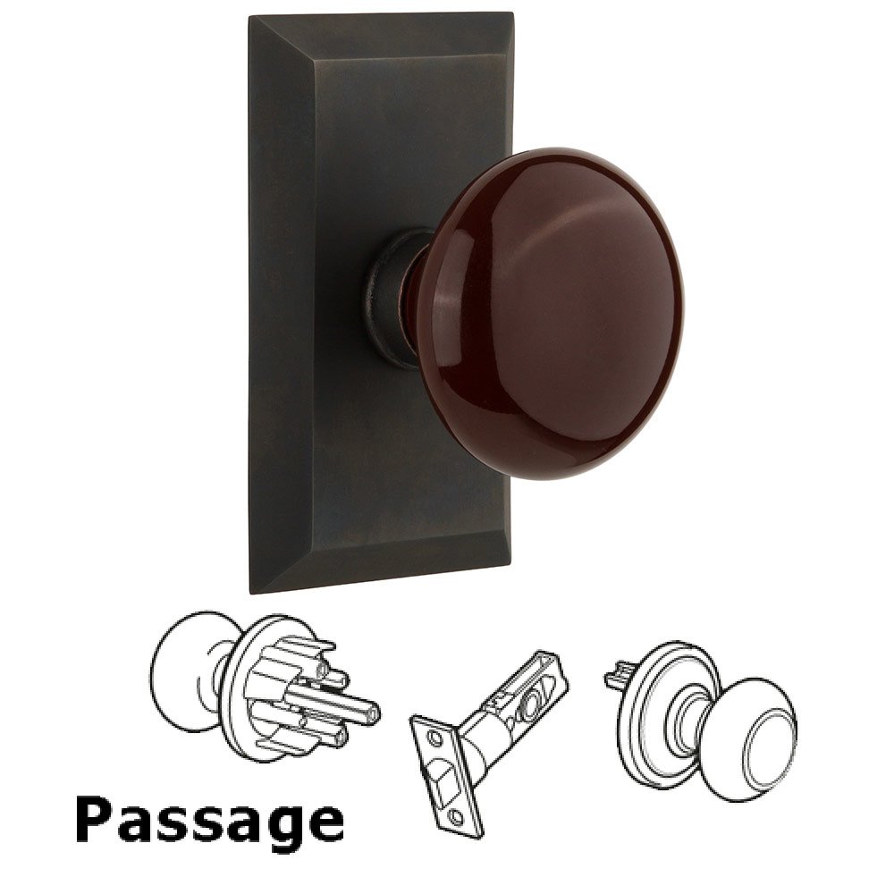Passage Studio Plate with Brown Porcelain Knob in Oil Rubbed Bronze