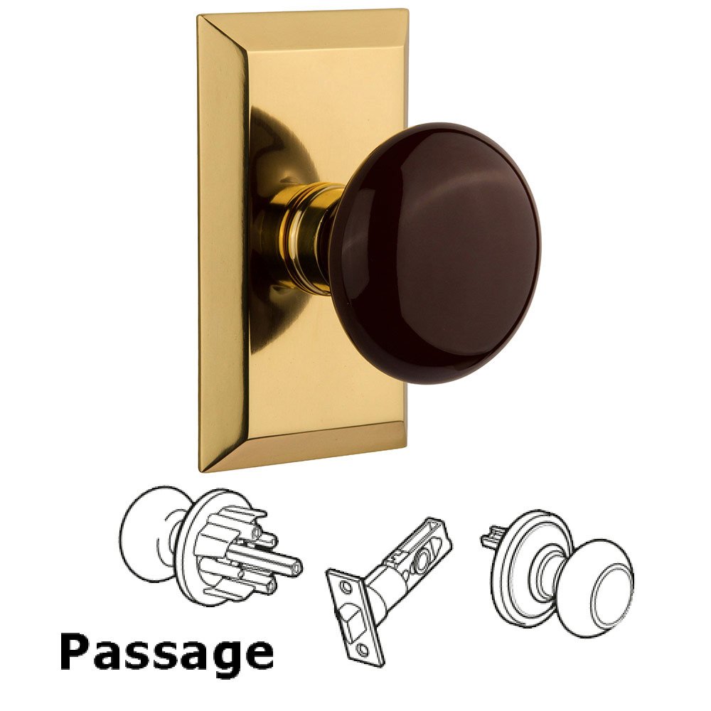 Passage Studio Plate with Brown Porcelain Knob in Polished Brass