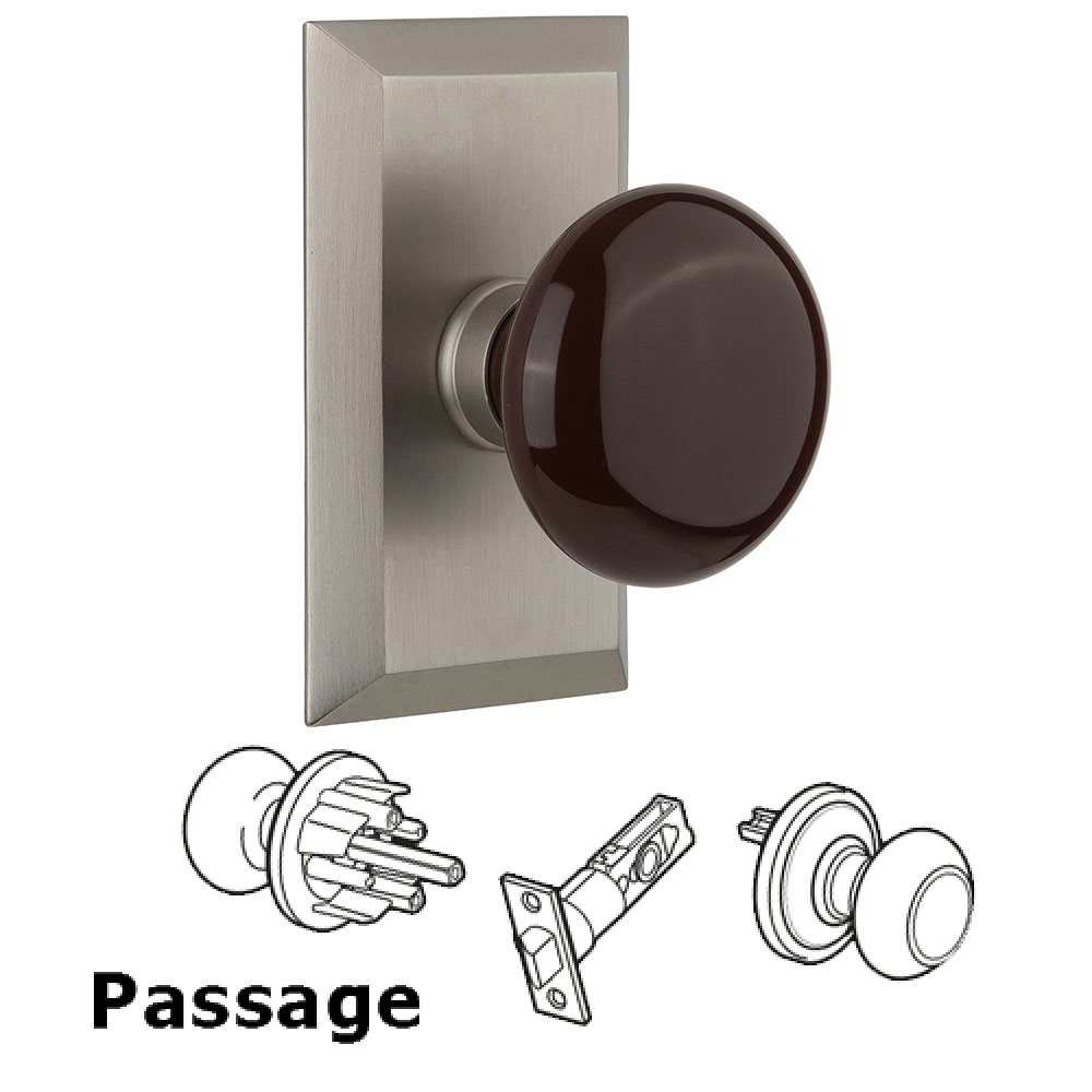 Passage Studio Plate with Brown Porcelain Knob in Satin Nickel